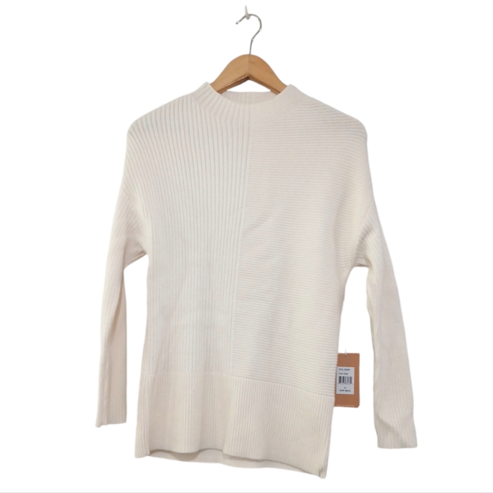 Cyrus sz S Cream Long Sleeve Mockneck Geometrically Ribbed Pullover Knit Sweater